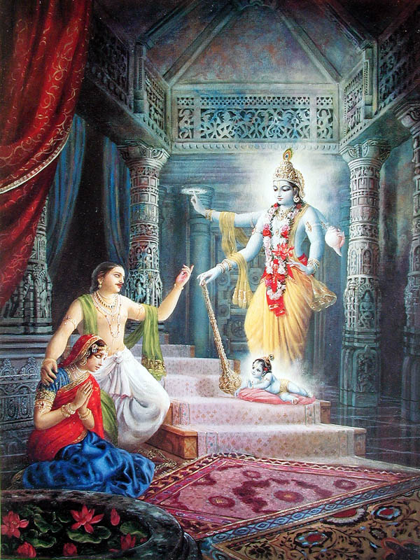 Vishnu appears before Devaki, Vasudeva