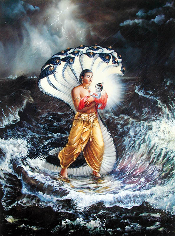 Vasudeva carries Krishna across Yamuna