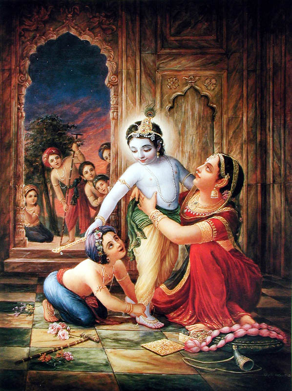 Yashoda dresses Krishna for cowherding