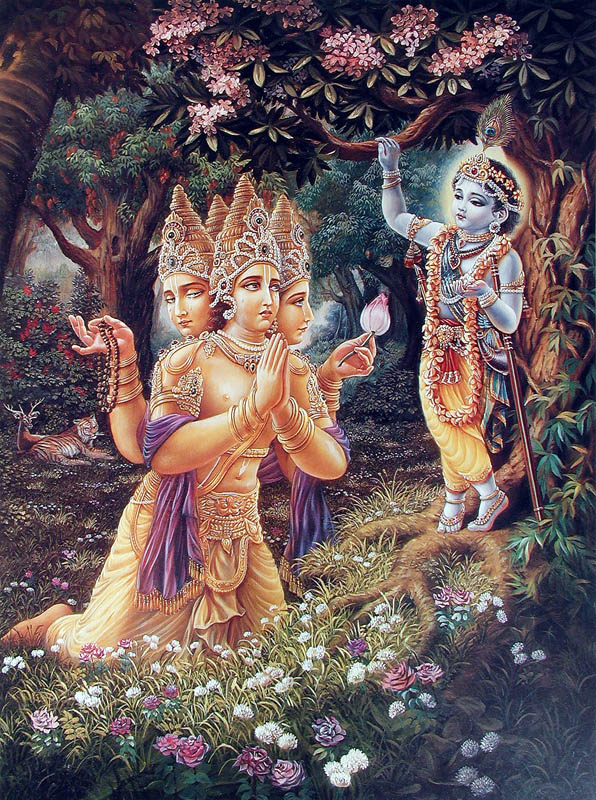 Brahma offers prayers to Krishna