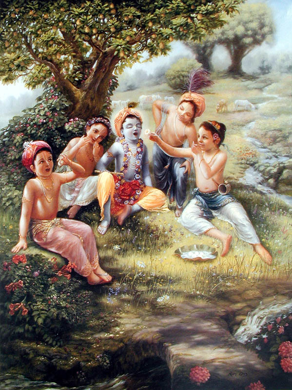 Cowherd boys feed Krishna