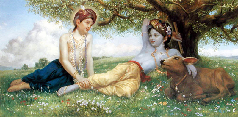 Balarama massages Krishna's feet