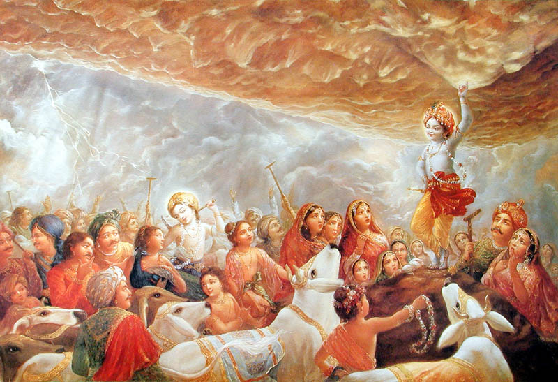 Krishna lifts Govardhana Hill