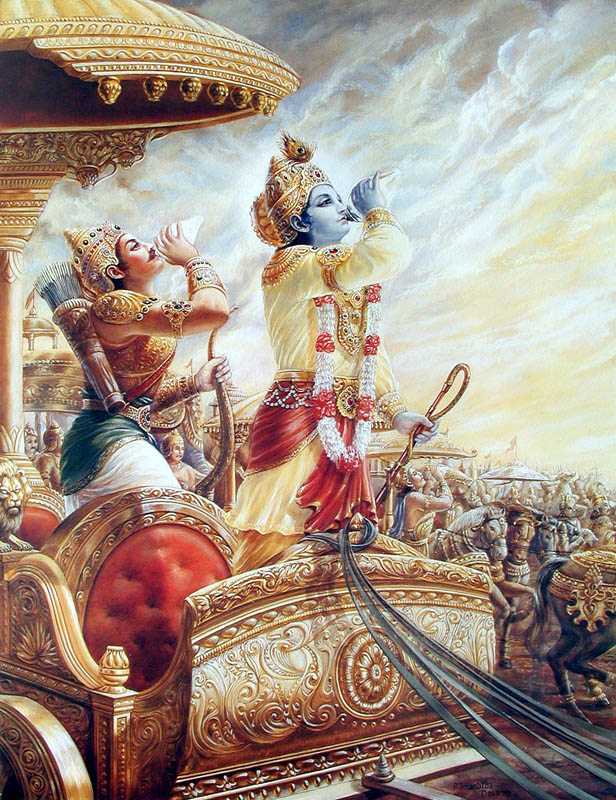 Krishna, Arjuna blow their conchshells
